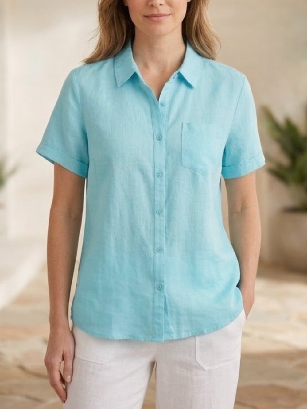 Kim Rogers 100% Linen Aqua Blue Women's Button-up Blouse Size XL Coastal Grandma